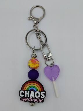Handcrafted "Chaos Coordinator" Rainbow Keychain w/ Purple Heart Lollipop Charm